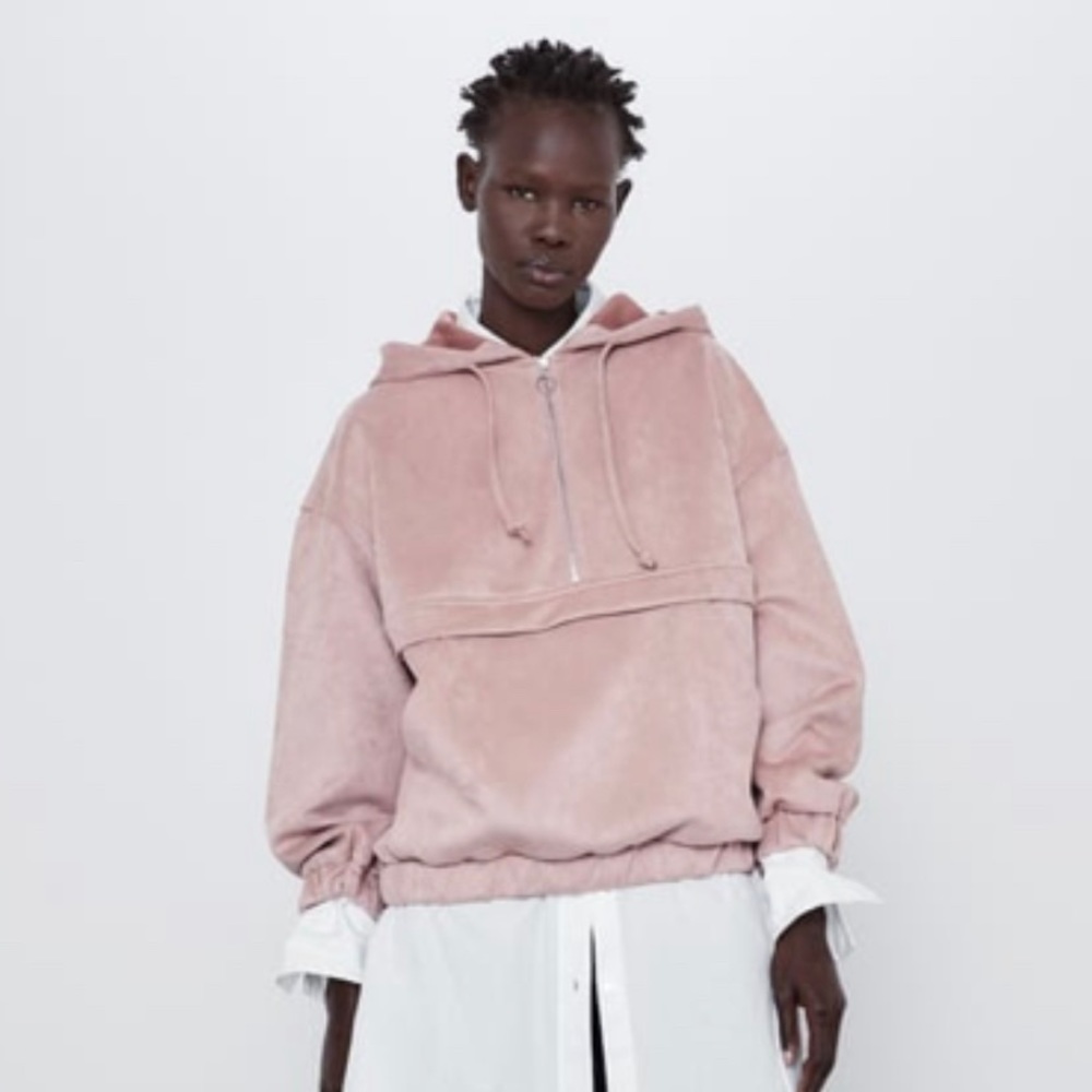 ZARA Pink Faux Suede Half Zip Hoodie